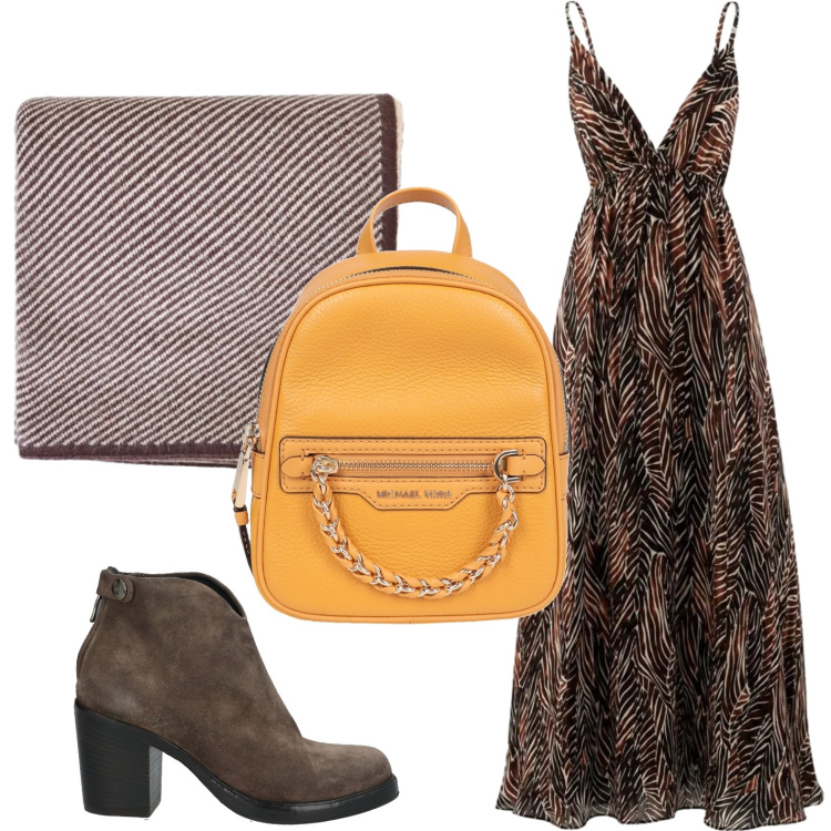 Outfit donna - Effetto savana. Stile Casual per Tutti i giorni. Abbinamento con zaini, stivaletti, vestiti lunghi, sciarpe.