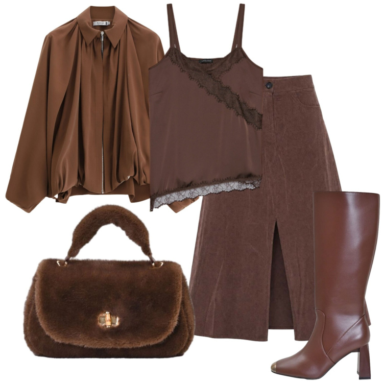 Outfit donna - Total look #2440342. Stile Minimal per Ufficio. Abbinamento con gonne lunghe, top, bomber, stivali sopra il ginocchio, borse a mano.