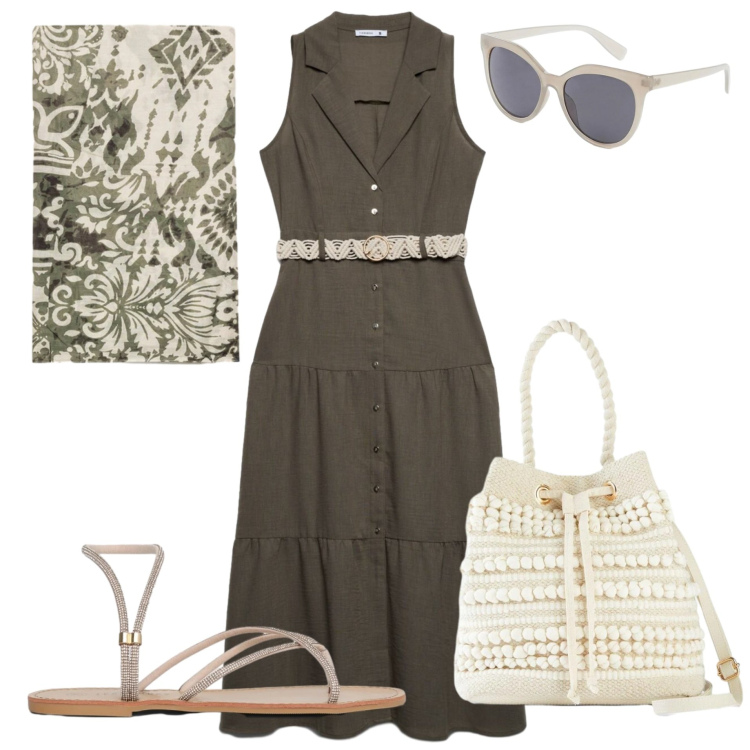 Outfit donna - Verde kaki. Stile Basic per Ufficio. Abbinamento con foulard, vestiti chemisier, sandali, borse a secchiello, occhiali da sole.