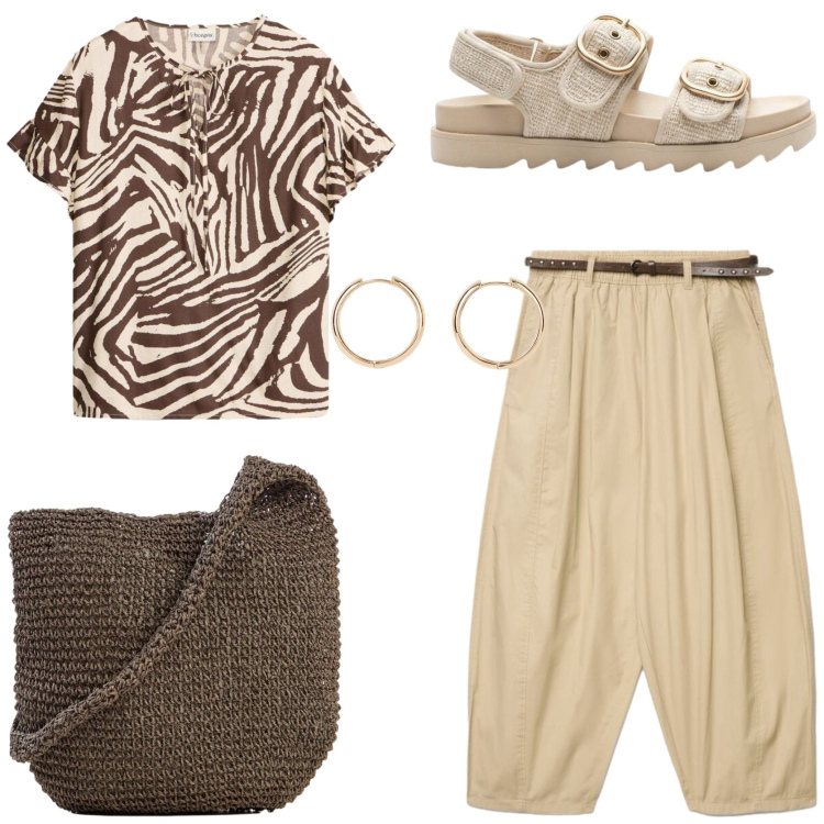 Outfit donna - Safari style. Stile Etnico per Tutti i giorni. Abbinamento con camicie a manica corta, shopping bag, sandali, orecchini, pantaloni.