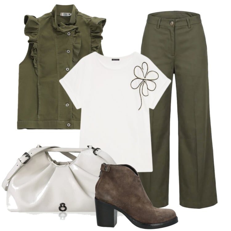 Outfit donna - Total look #2440349. Stile Military per Tutti i giorni. Abbinamento con stivaletti, pantaloni a palazzo, clutch, t-shirt, gilet.