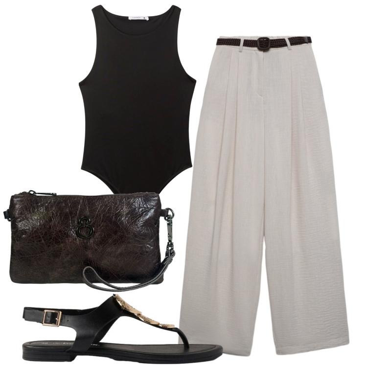 Outfit donna - Total look #2440353. Stile Minimal per Ufficio. Abbinamento con ciabatte, pochette, pantaloni, body.
