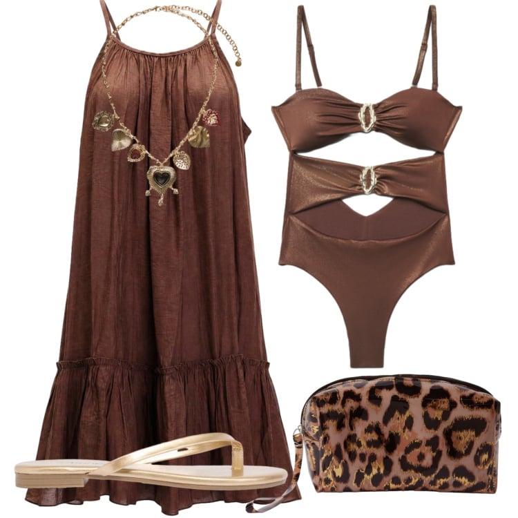 Outfit donna - Super chic in spiaggia. Stile Chic per Mare. Abbinamento con sandali, vestiti corti, costumi interi, pochette, collane.