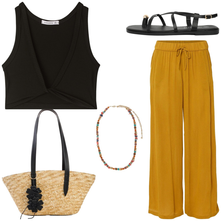 Outfit donna - Colori speziati. Stile Etnico per Tutti i giorni. Abbinamento con pantaloni, shopping bag, top, sandali, collane.