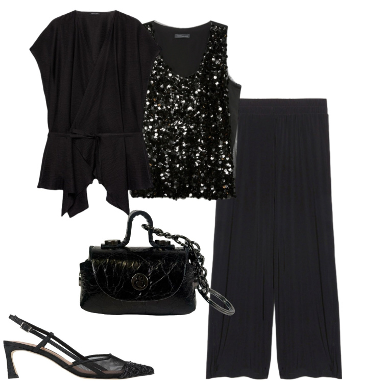 Outfit donna - Fiorella. Stile Minimal per Serata fuori. Abbinamento con décolleté, portachiavi, pantaloni, top, caftani.
