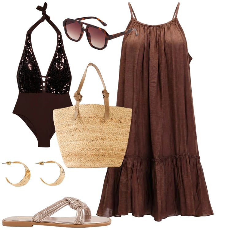 Outfit donna - Al mare. Stile Casual chic per Mare. Abbinamento con occhiali da sole, shopping bag, orecchini, vestiti corti, costumi interi, sandali.