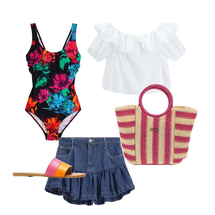 Outfit donna - Da spiaggia a sunset. Stile Casual per Mare. look ideale per Petite. Abbinamento con costumi interi, ciabatte, minigonne, bluse, borse a mano.