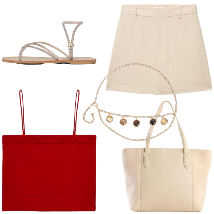 Outfit donna - Urban safari. Stile Etnico per Tutti i giorni. Abbinamento con shopping bag, cinture, sandali, shorts, top.