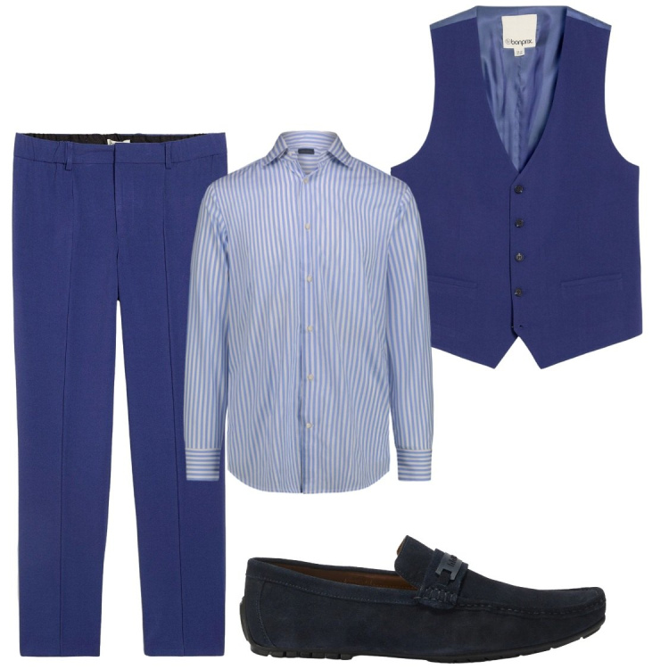 Outfit uomo - Non I soliti blu. Stile Business/Elegante per Cerimonia. Abbinamento con gilet, pantaloni, scarpe stringate, camicie.