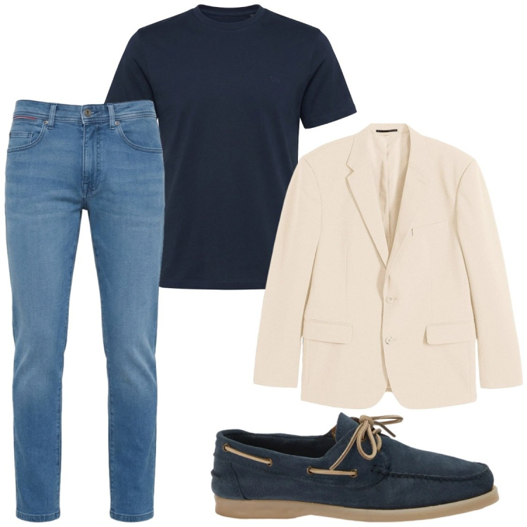 Outfit uomo - Eventi informali. Stile Business/Elegante per Serata speciale. Abbinamento con giacche, jeans slim fit, t-shirt, scarpe stringate.