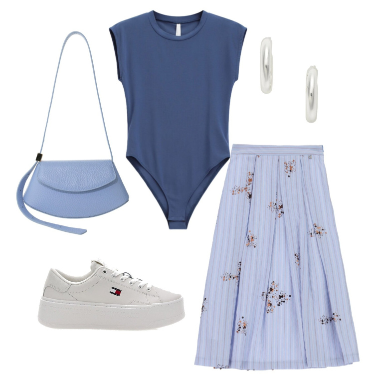Outfit donna - Azzurro vacanza. Stile Sporty chic per Tutti i giorni. look ideale per Petite. Abbinamento con orecchini, gonne lunghe, t-shirt, borse a spalla, sneakers.