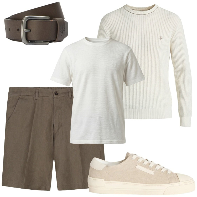 Outfit uomo - Fredde serate estive. Stile Business/Elegante per Serata speciale. Abbinamento con sneakers, maglieria, t-shirt, cinture, bermuda.