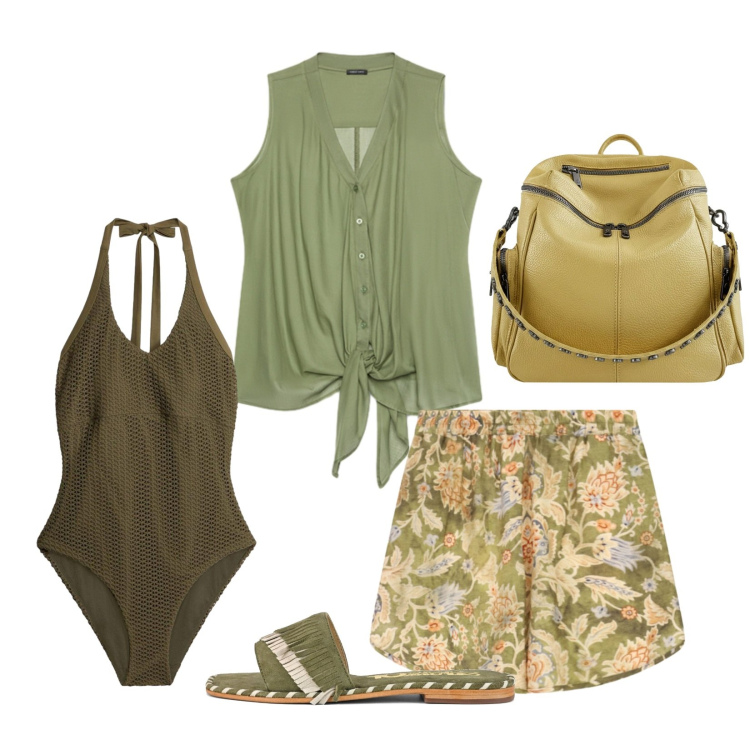 Outfit donna - Vacanza green: tra fiori e oliva. Stile Preppy per Tutti i giorni. Abbinamento con costumi interi, zaini, top, shorts, ciabatte.