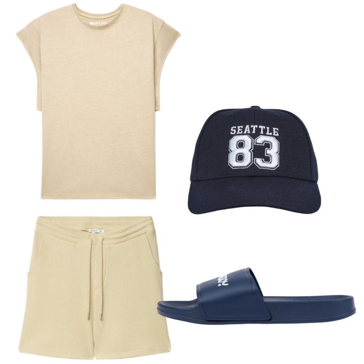 Outfit uomo - Relax. Stile Casual per Tutti i giorni. Abbinamento con cappelli, bermuda, canottiere, sandali.