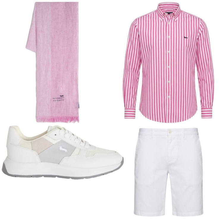 Outfit uomo - Sere estive. Stile Trendy per Tutti i giorni. Abbinamento con sneakers, bermuda, sciarpe, camicie.