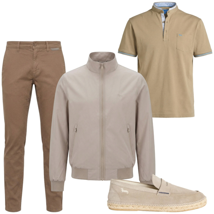 Outfit uomo - Ordinary day. Stile Trendy per Ufficio. Abbinamento con polo, pantaloni, espadrillas, bomber.