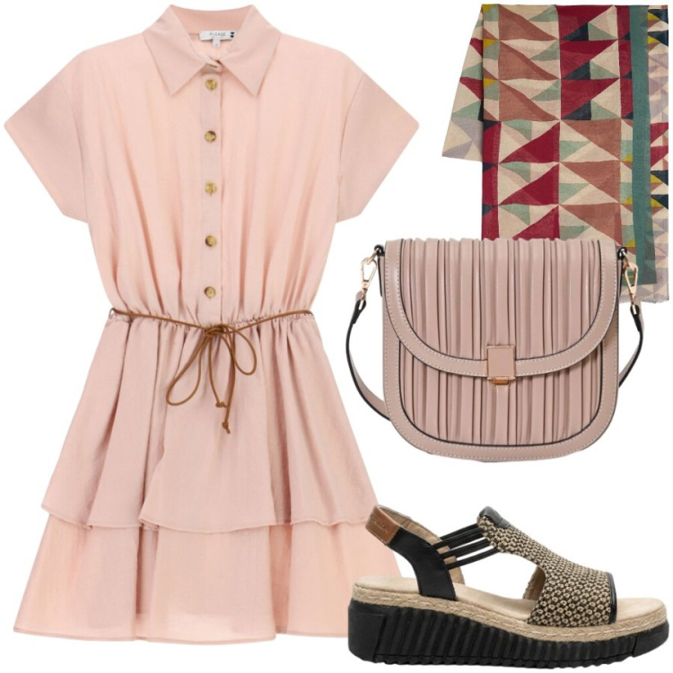Outfit donna - Romantica al tramonto. Stile Romantica per Serata fuori. Abbinamento con sandali, borse a tracolla, vestiti corti, sciarpe.