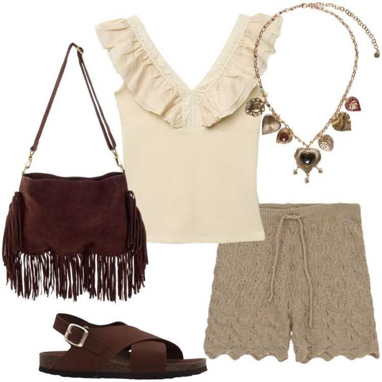 Outfit donna - Boho style. Stile Boho per Serata fuori. Abbinamento con borse a tracolla, sandali in pelle, canottiere, collane, shorts.