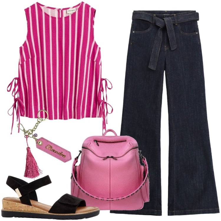 Outfit donna - Total look #2440398. Stile Casual chic per Tutti i giorni. Abbinamento con sandali, canottiere, portachiavi, zaini, jeans a zampa.