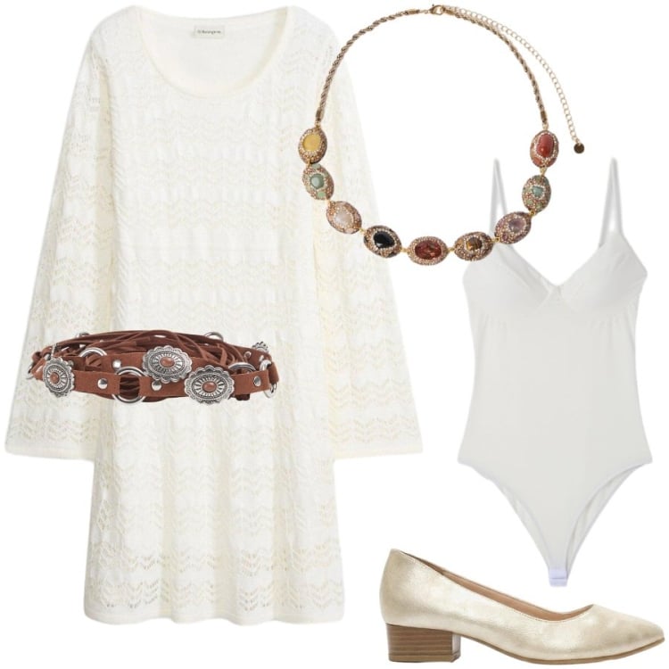 Outfit donna - Total look #2440399. Stile Boho per Serata fuori. Abbinamento con vestiti, décolleté, cinture, body, collane.