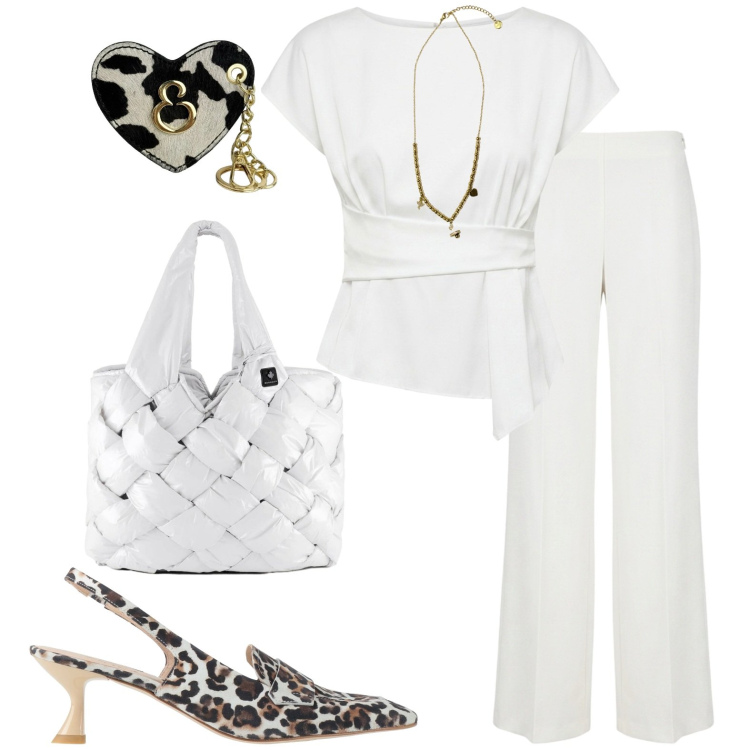 Outfit donna - White. Stile Casual chic per Tutti i giorni. Abbinamento con décolleté, portachiavi, ciondoli, borse tote, pantaloni a palazzo, bluse.