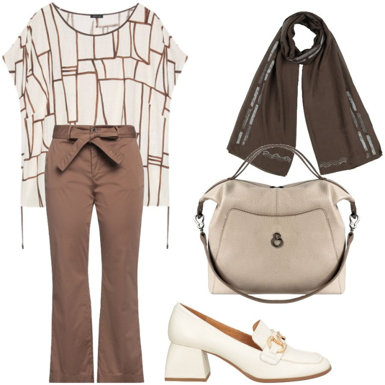 Outfit donna - In ufficio. Stile Chic per Ufficio. Abbinamento con pantaloni, mocassini, sciarpe, borse a mano, t-shirt.
