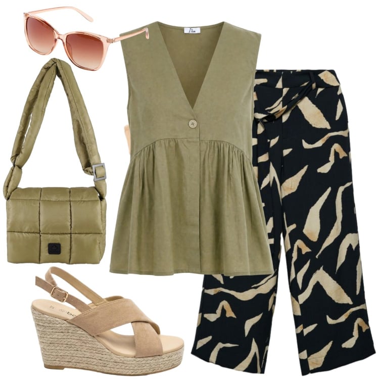 Outfit donna - Casual. Stile Casual per Tutti i giorni. Abbinamento con sandali col tacco, occhiali da sole, gilet, pantaloni, reggiseni, borse a spalla.