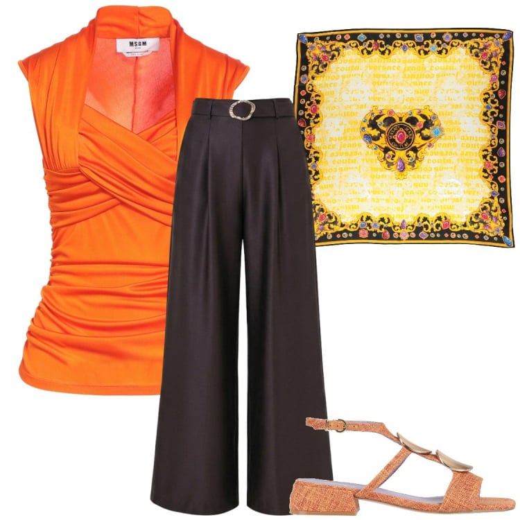 Outfit donna - Abbinamenti. Stile Bon Ton per Serata fuori. Abbinamento con top, sciarpe, sandali in pelle, pantaloni a palazzo.