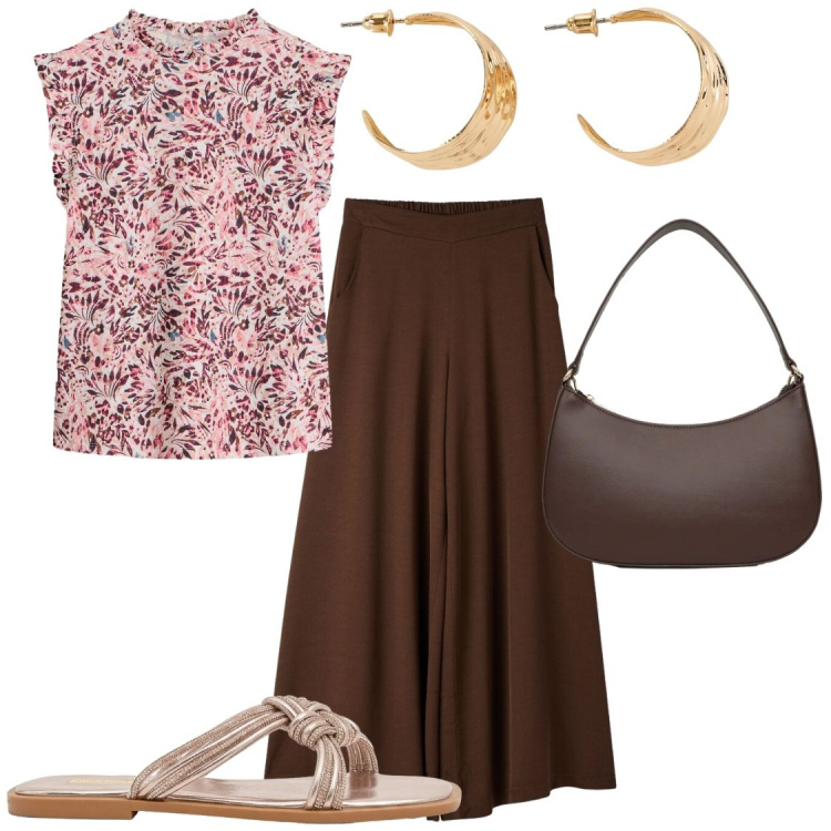 Outfit donna - outfit lowcost. Stile Chic per Serata fuori. Abbinamento con orecchini, maglieria, pantaloni, borse a tracolla, sandali.