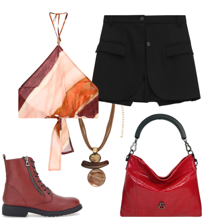 Outfit donna - Total look #2440416. Stile Rock per Serata fuori. Abbinamento con borse a mano, ciondoli, top, shorts, anfibi.