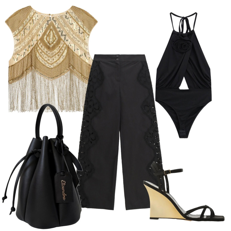 Outfit donna - Total look #2440417. Stile Casual chic per Serata fuori. Abbinamento con borse a secchiello, pantaloni a palazzo, sandali col tacco, top, body.