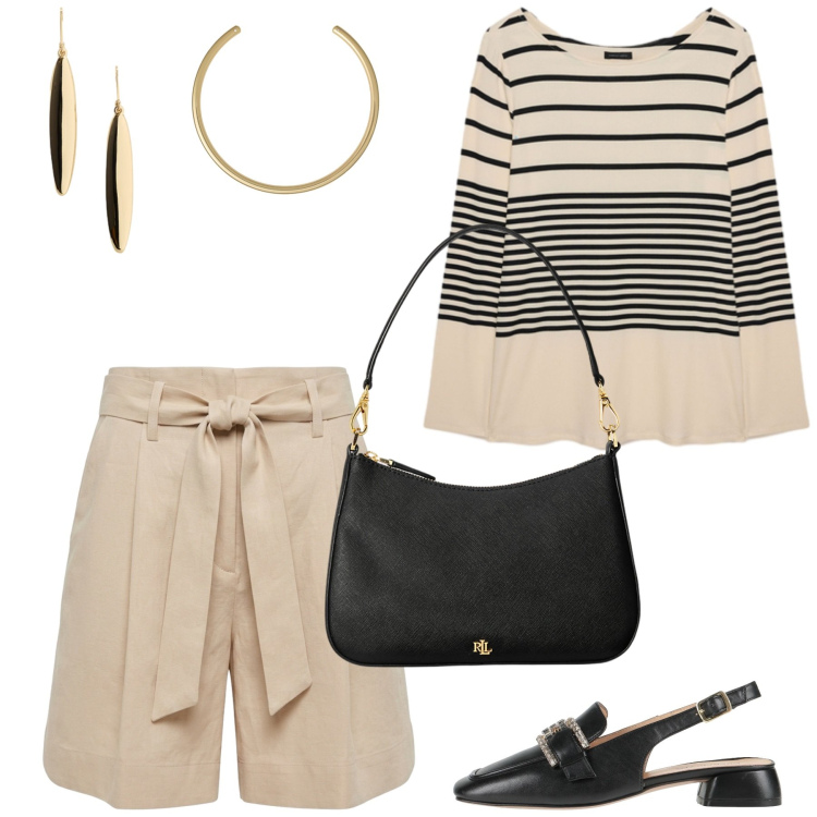 Outfit donna - Leone. Stile Casual chic per Serata fuori. Abbinamento con décolleté, bermuda, t-shirt, borse a spalla, orecchini, collane.