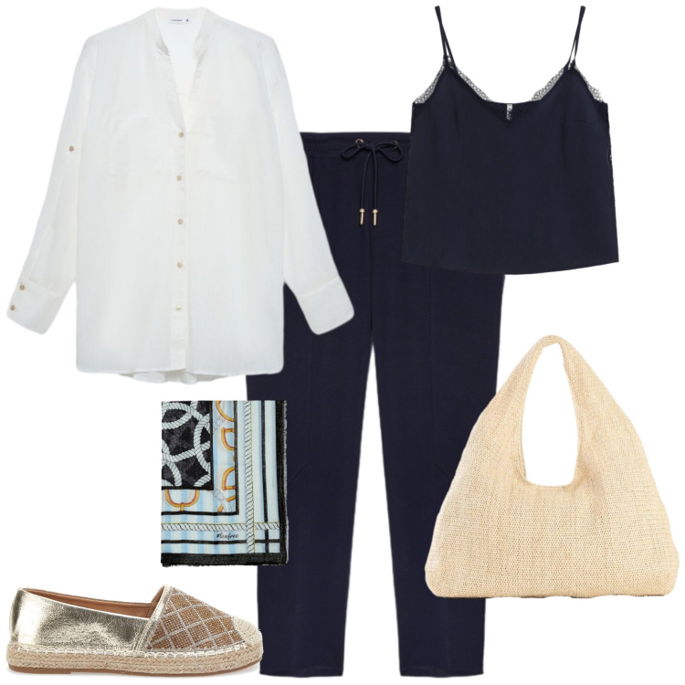Outfit donna - Casual chic in viaggio. Stile Casual chic per Tutti i giorni. Abbinamento con shopping bag, camicie, canottiere, foulard, pantaloni, espadrillas.