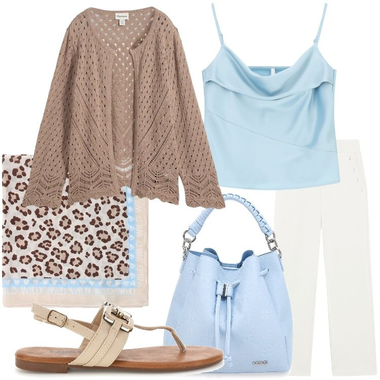Outfit donna - Summer Holidays. Stile Basic per Tutti i giorni. Abbinamento con cardigans, pantaloni, canottiere, foulard, borse a secchiello, sandali.