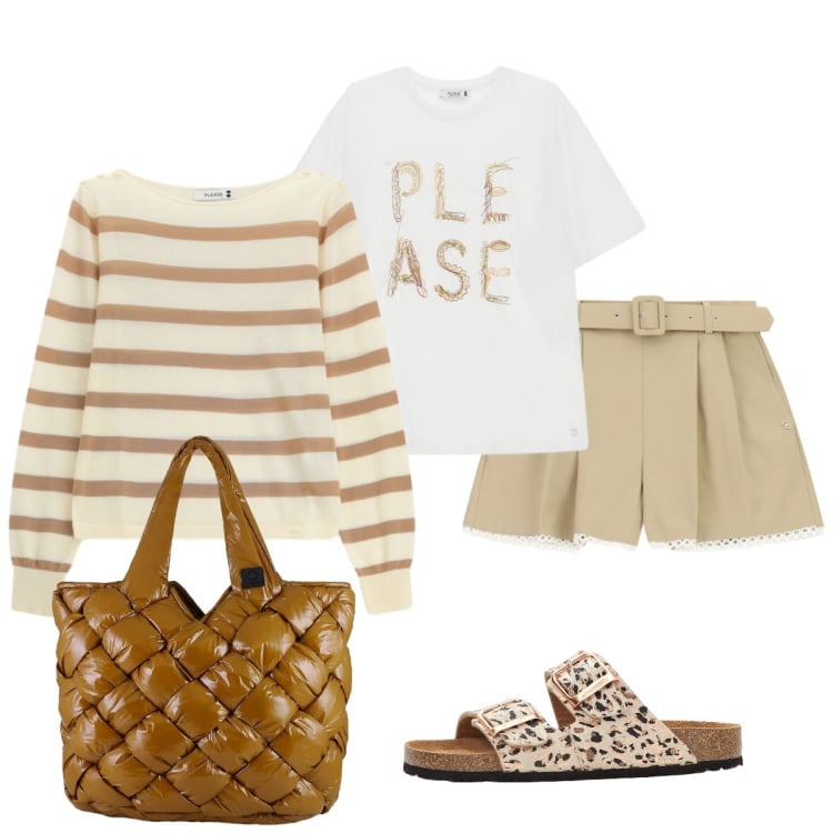 Outfit donna - Total look #2440434. Stile Casual chic per Tutti i giorni. Abbinamento con ciabatte, borse tote, shorts, maglieria, t-shirt.