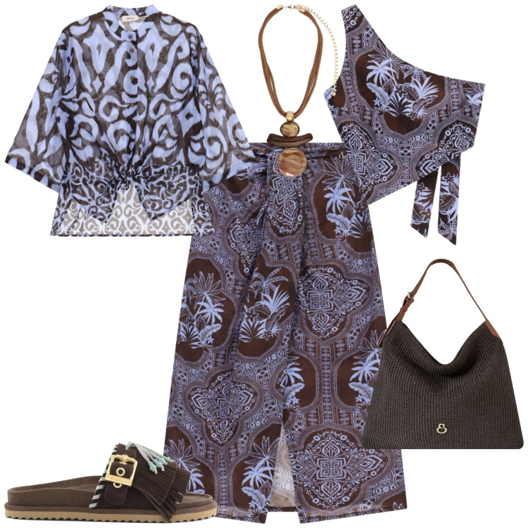Outfit donna - Boho chic in viaggio. Stile Boho per Tutti i giorni. Abbinamento con borse a spalla, ciondoli, gonne longuette, top, camicie, sandali in pelle.