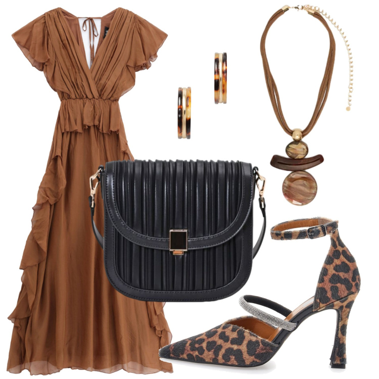 Outfit donna - Leone. Stile Casual chic per Serata fuori. Abbinamento con borse a tracolla, vestiti lunghi, ciondoli, orecchini, décolleté.