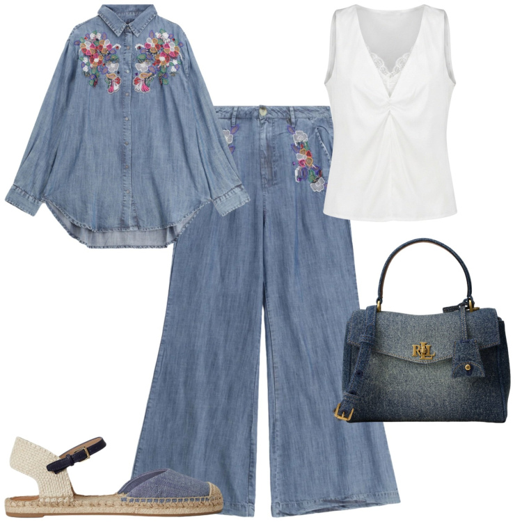 Outfit donna - Sporty chic in viaggio. Stile Sporty chic per Tutti i giorni. Abbinamento con top, pantaloni a palazzo, camicie, espadrillas, borse a mano.