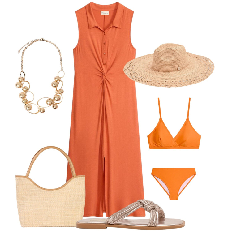 Outfit donna - Vacanza in un trolley. Stile Trendy per Tutti i giorni. Abbinamento con vestiti chemisier, shopping bag, bikini, cappelli, sandali, collane.
