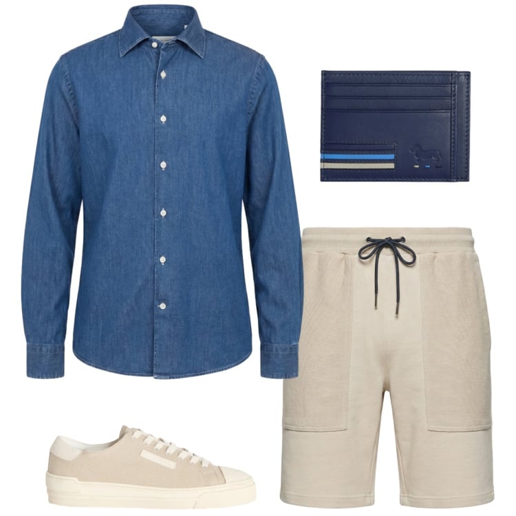 Outfit uomo - Denim e chiaro. Stile Trendy per Tutti i giorni. Abbinamento con sneakers, portafogli, camicie, pantaloni corti.