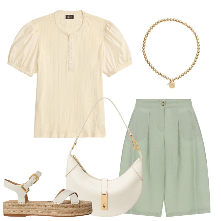 Outfit donna - Stile vacanze. Stile Romantica per Serata fuori. Abbinamento con shorts, collane, bluse, borse a spalla, espadrillas.