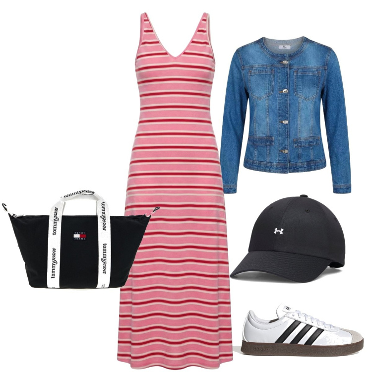 Outfit donna - Total look #2440458. Stile Basic per Tutti i giorni. Abbinamento con vestiti lunghi, blazer, sneakers, shopping bag, cappelli con visiera.