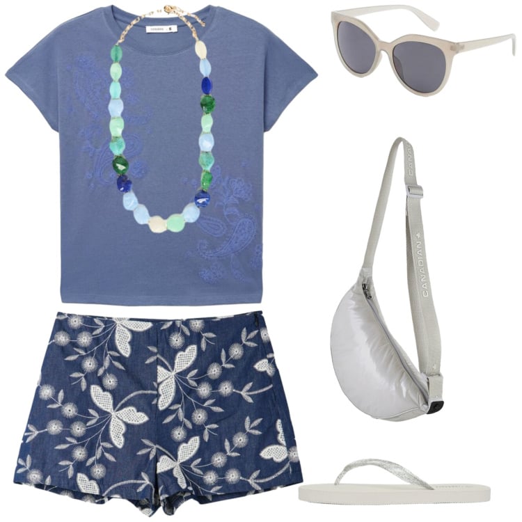 Outfit donna - Fascino esotico. Stile Casual chic per Tutti i giorni. Abbinamento con occhiali da sole, t-shirt, infradito, shorts, collane, borse a tracolla.