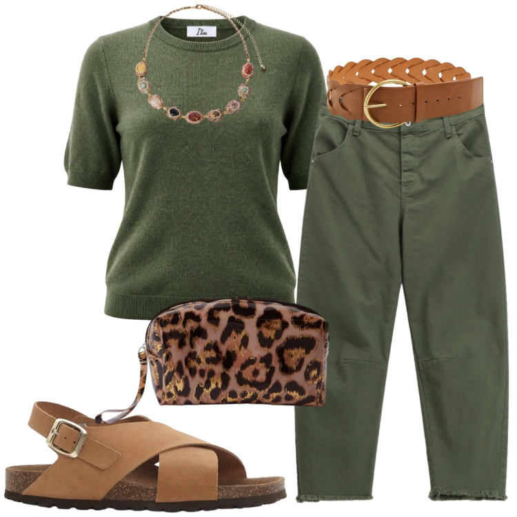 Outfit donna - Casual. Stile Casual per Tutti i giorni. Abbinamento con sandali in pelle, maglieria, cinture, pochette, collane, pantaloni.