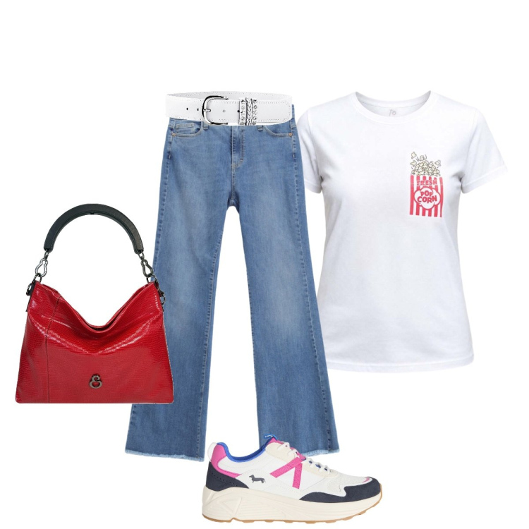 Outfit donna - Casual chic. Stile Casual chic per Ufficio. Abbinamento con cinture, t-shirt, sneakers, borse a mano, jeans.