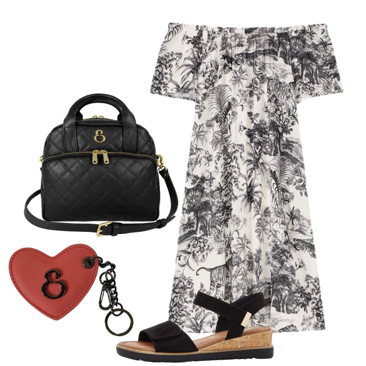 Outfit donna - Cena romantica. Stile Romantica per Serata fuori. Abbinamento con sandali, portachiavi, borse a mano, vestiti corti.