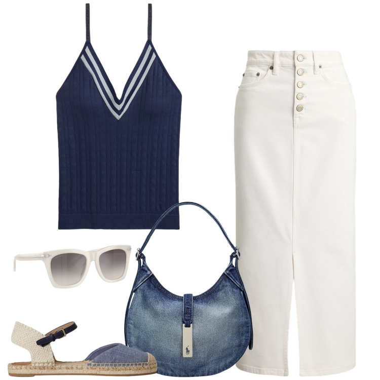 Outfit donna - Marinara chic. Stile Casual per Tutti i giorni. Abbinamento con occhiali da sole, gonne lunghe, borse a spalla, canottiere, espadrillas.