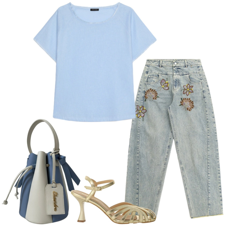 Outfit donna - Fiori nei jeans. Stile Casual chic per Serata fuori. Abbinamento con borse a secchiello, t-shirt, jeans, sandali col tacco.