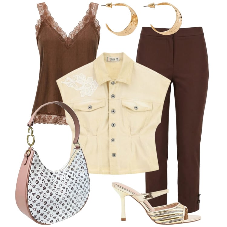 Outfit donna - Total look #2440486. Stile Trendy per Tutti i giorni. Abbinamento con orecchini, canottiere, borse a spalla, blazer, pantaloni, sabot.
