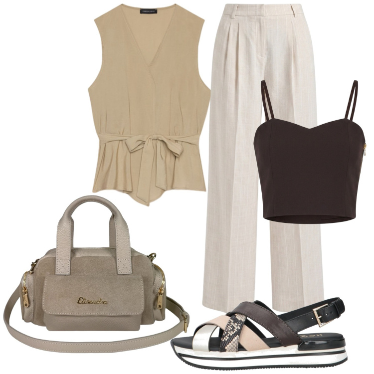 Outfit donna - In città. Stile Glamour per Ufficio. Abbinamento con sandali in pelle, pantaloni, borse a mano, gilet, top.